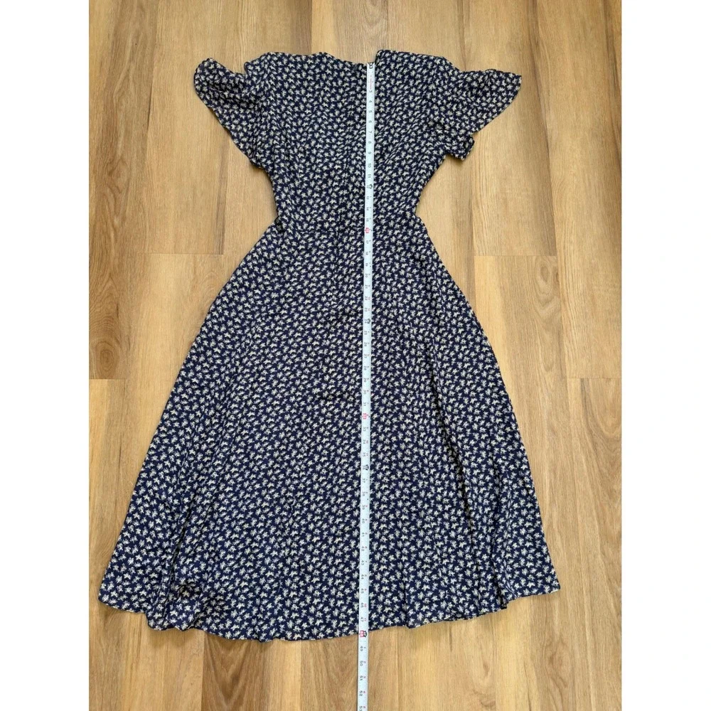 Vintage Navy Blue Ditsy Floral Tie Front Midi Dress 12 cottage prairie